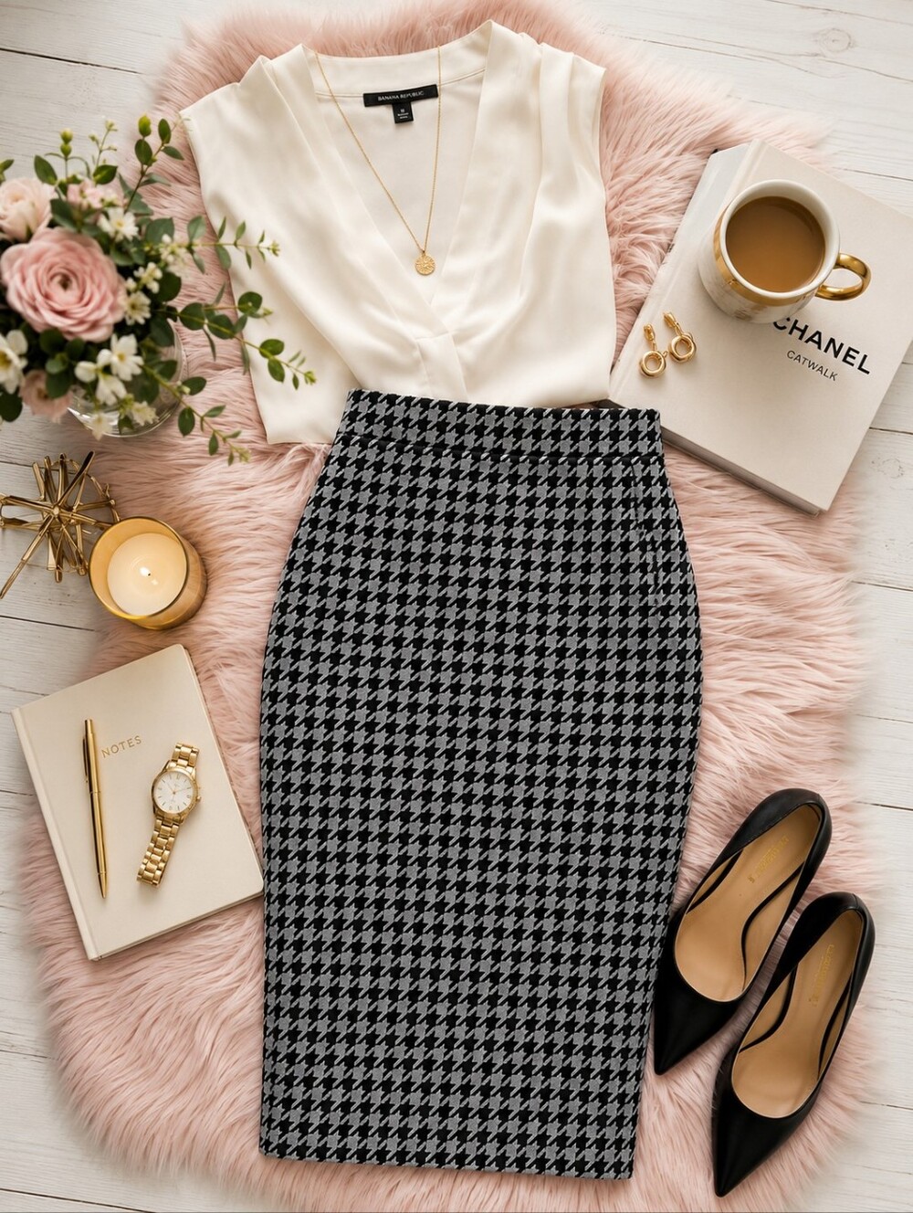Nordstrom Black & Grey Bodycon Houndstooth Pencil Skirt | Size Medium | - Picture 2 of 8